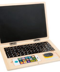 Robuster Klapp-Computer aus naturbelassenem Holz, Holz-Laptop mit Magnet-Tafel, Magnetbuchstaben & Magnetzahlen, 83-teilig, Legler small foot