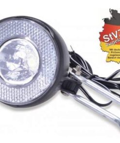 Runder LED-Scheinwerfer 15 LUX / 1 W, integrierter Reflektor und Halterung mit Kabel und Ein-/Ausschalter, für Nabendynamos geeignet, Prüfzeichen: K-955