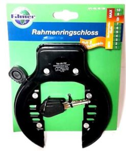 Fahrrad Rahmen-Ringschloss mit 2 Schlüssel, die auch bei geöffnetem Schloss abziehbar sind. Befestigung an vorhandener Rahmenhalterung mit Sicherung gegen unbeabsichtiges Einrasten des Bügels,  Sicherheitsstufe: 8,  Material: Eisen, ABS...