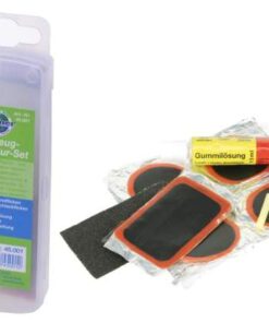 Flickzeug & Reparatur - Set 10-teilig, 4 selbstvulkanisierende Rundflicken, 1 Rechteckflicken, 1 Aufrauher, 1 Gummilösung,  1 Ventilschlauch, 1 Box, 1 Gebrauchsanweisung...
