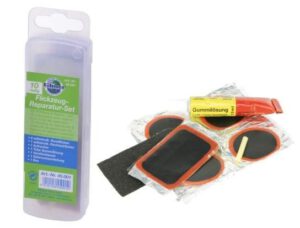 Flickzeug & Reparatur - Set 10-teilig, 4 selbstvulkanisierende Rundflicken, 1 Rechteckflicken, 1 Aufrauher, 1 Gummilösung,  1 Ventilschlauch, 1 Box, 1 Gebrauchsanweisung...