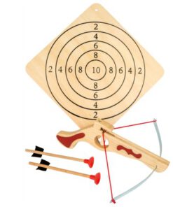Schießspiel Holz-Sportarmbrust kompakt mit Zielscheibe und zwei Pfeilen, ein Markenprodukt von Legler small foot für kleine Bogensportler