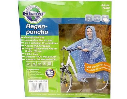 Regenponcho Quality Blue, Unisex/One Size für alle, mit 2 seitlichen Druckknöpfen, Kapuze mit Kordelzug, Länge: 100 cm ohne Kapuze, Breite: 130 cm, Waschbar